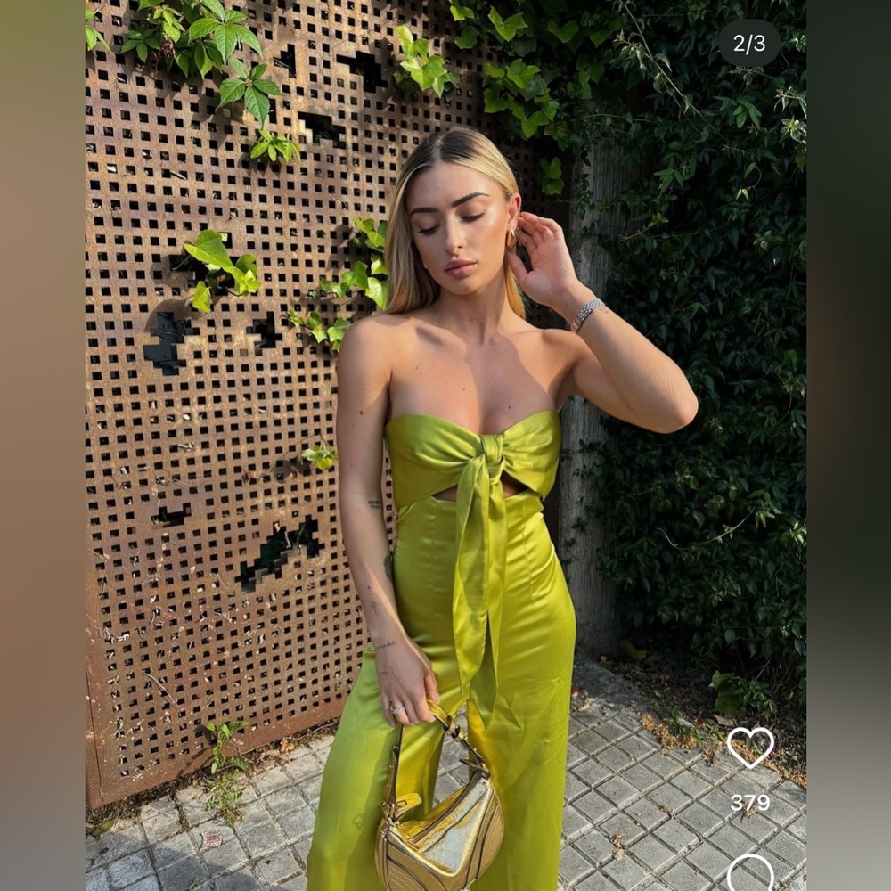 Zara Lime Green Satin Strapless Jumpsuit with Front Tie